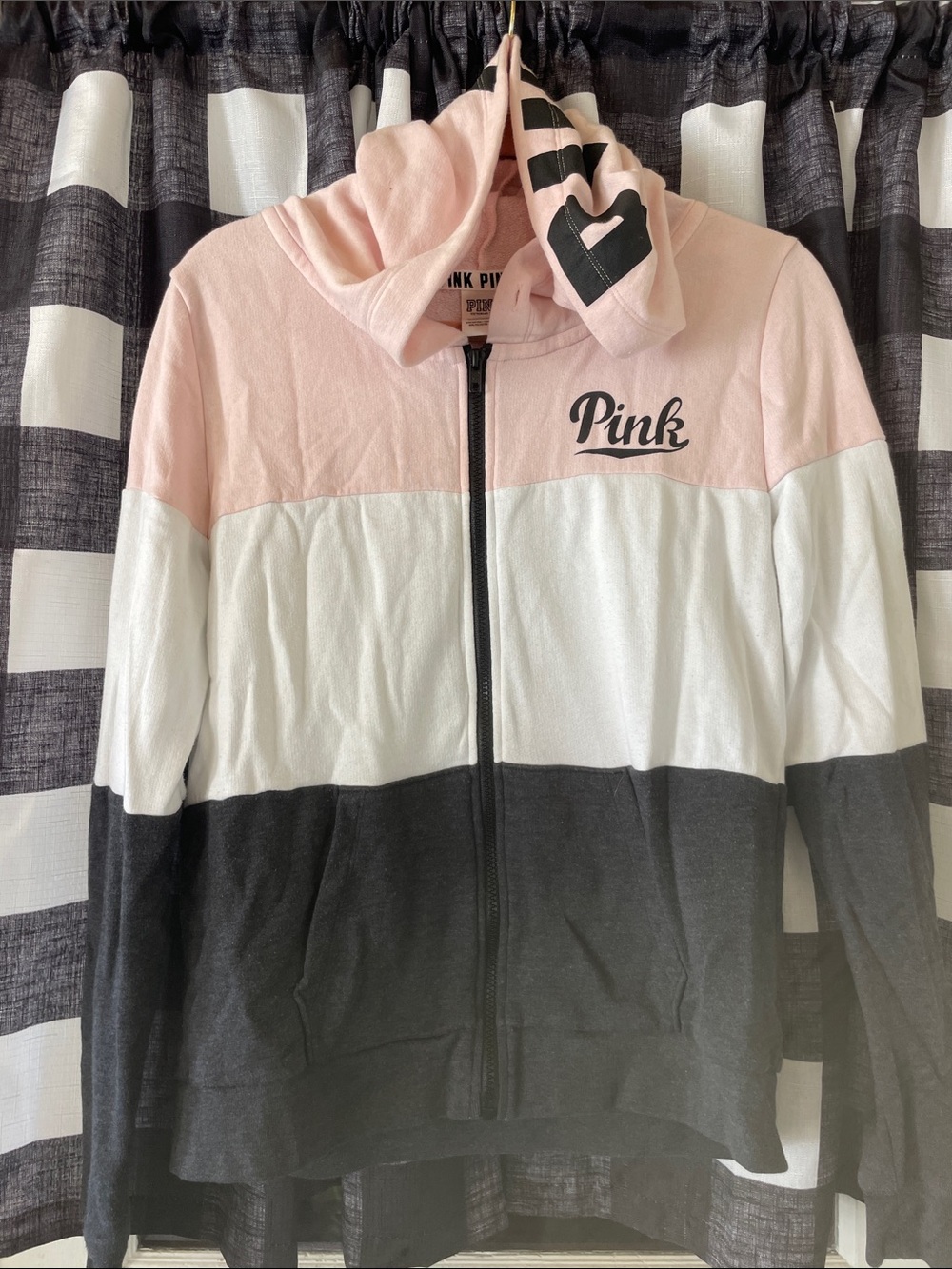 PINK Victoria's Secret Pink White and Black Colorblock Zip Hoodie